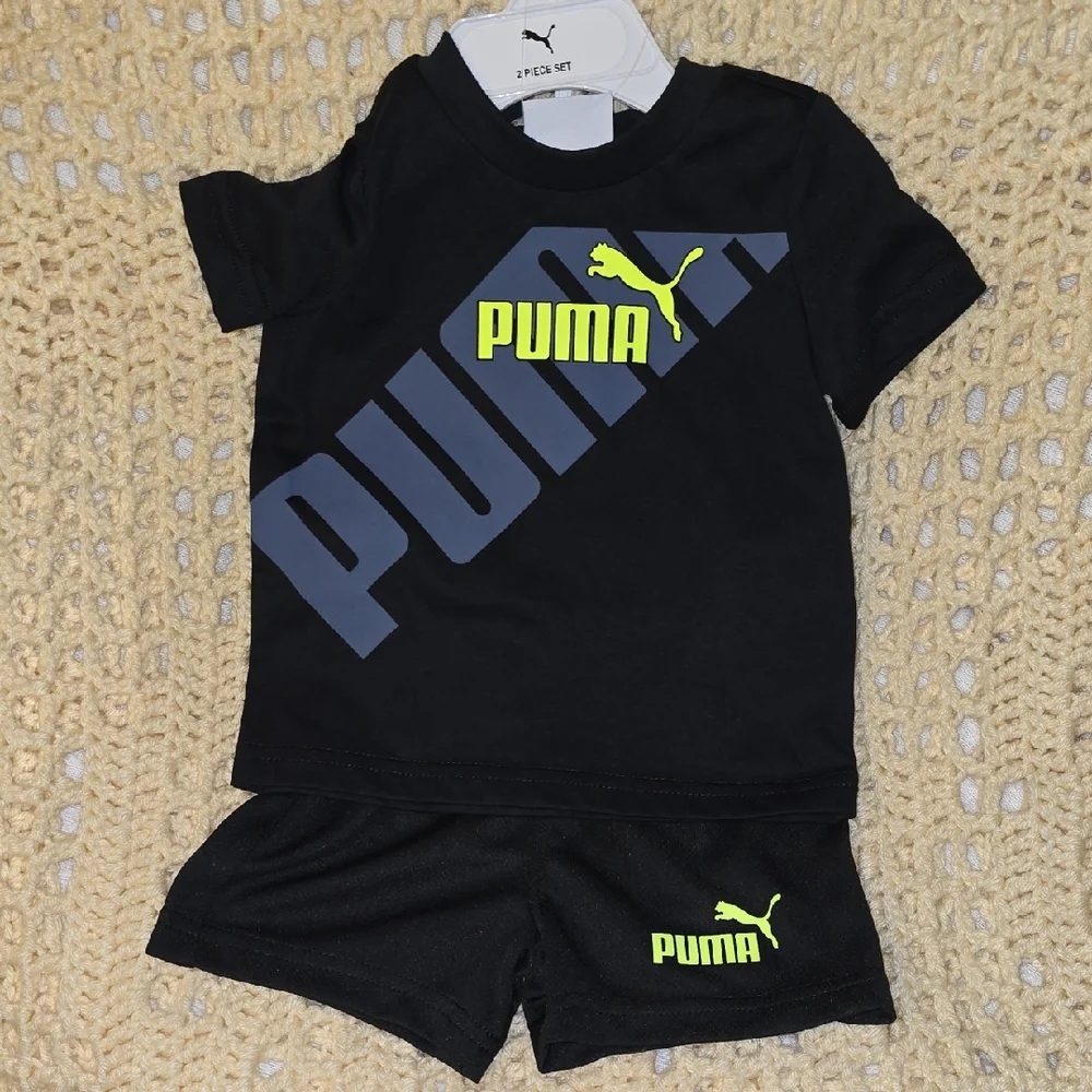 Puma Kids' Black and Neon Yellow Outfit 3/6 M